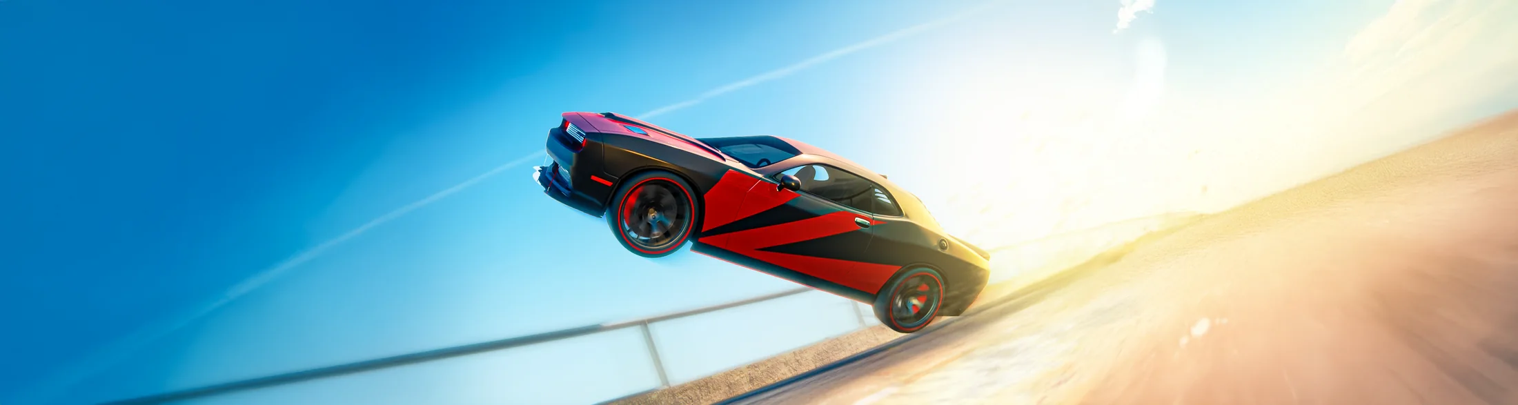 Dodge Challenger Demon full CGI render, car speeding along an open road
