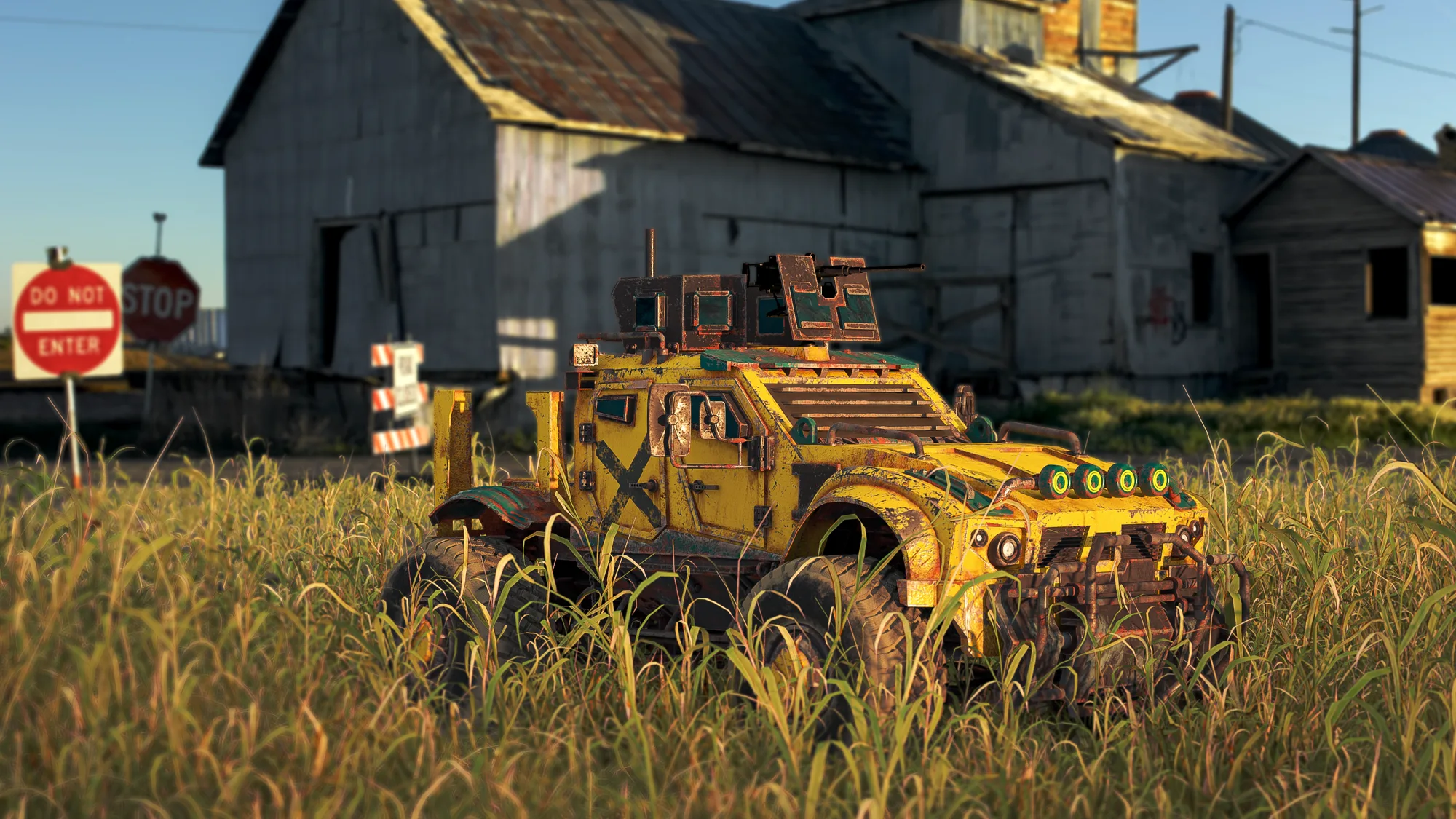 Oshkosh M-ATV abandoned in a wheat field
